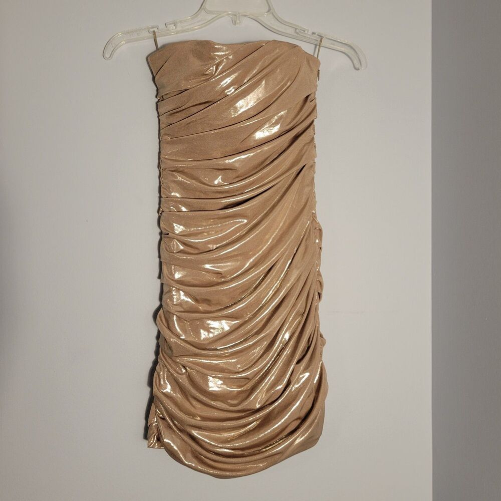Zara Metallic gold strapless ruched mini dress  Womens Party/Cocktail XXS